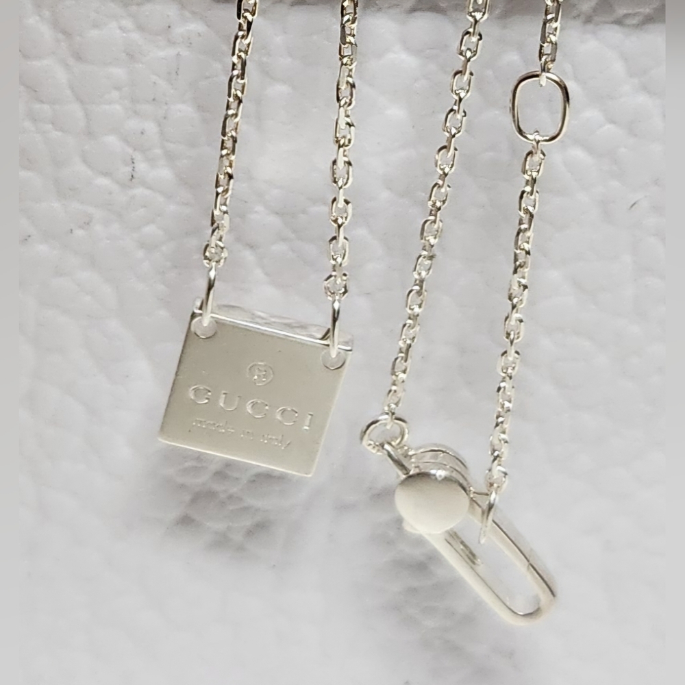 GUCCI .925 Sterling Silver Trademark Necklace with Square Tag NEW - MINIMALIST